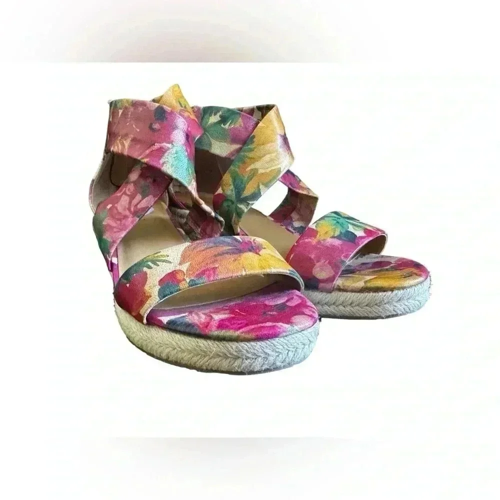 Patricia Nash leather floral “Rubia” espadrille wedge sandals in Spring Multi